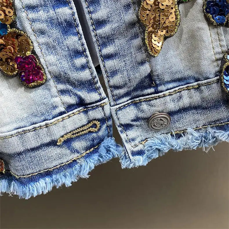 Retro Diamonds Embedding Floral Embroidery Denim Coat Spring Flowers Sequins Appliques Slim Jeans Jacket Cowboy Cardigan Jaqueta SS69