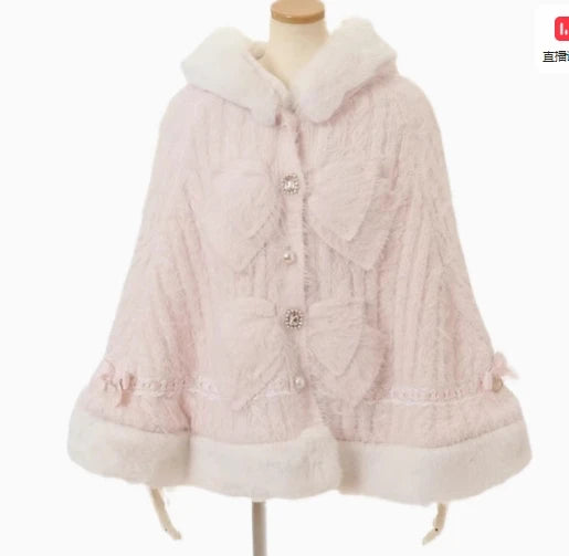 Godivana Lolita Style Faux Rabbit Fur Cape Coat with Bow & Rhinestones - White