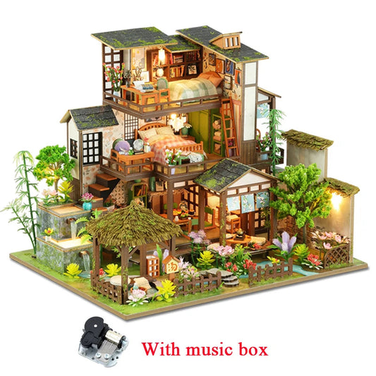 DIY Wooden Bamboo Spring Courtyard Casa Miniature Building Kits Bookend Assembled Dollhouses Bookshelf Home Decor Friends Gifts SS69 85.69 K003 with music / CHINA