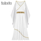 White Greek goddess costume dress with gold metallic waist belt and trim, featuring draped sleeves.