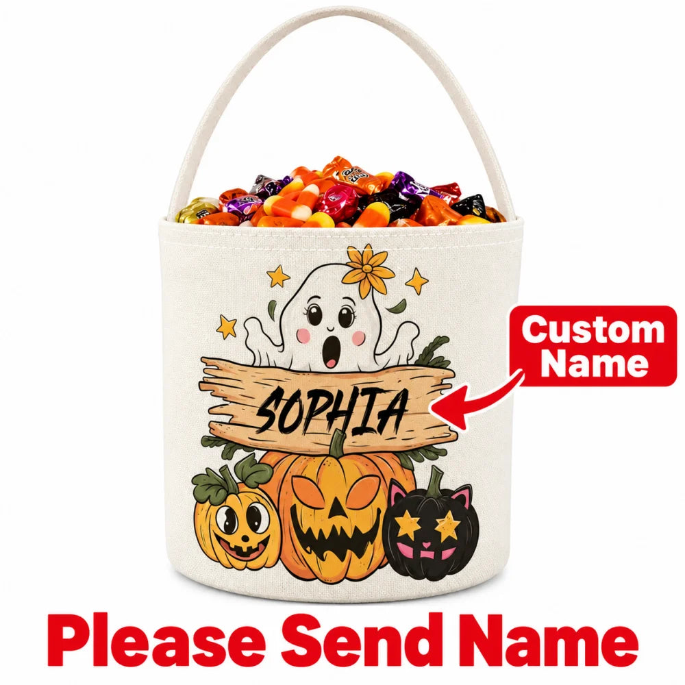 Custom Name Halloween Candy Bucket, Cute Ghost Pumpkin Black Cat Design Trick or Treat Pail, Kids Halloween Party Candy Basket