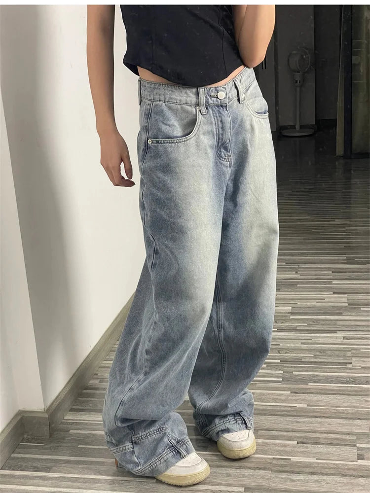 Ins Fashion American Retro Baggy High Waisted Jeans Woman High Street Denim Pants Reversible Trousers Streetwear Loose Jeans SS69