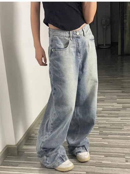 Ins Fashion American Retro Baggy High Waisted Jeans Woman High Street Denim Pants Reversible Trousers Streetwear Loose Jeans SS69