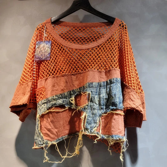 DEAT Women's Two-Piece Set Mesh Splicing T-Shirt and Denim Shorts Outfit