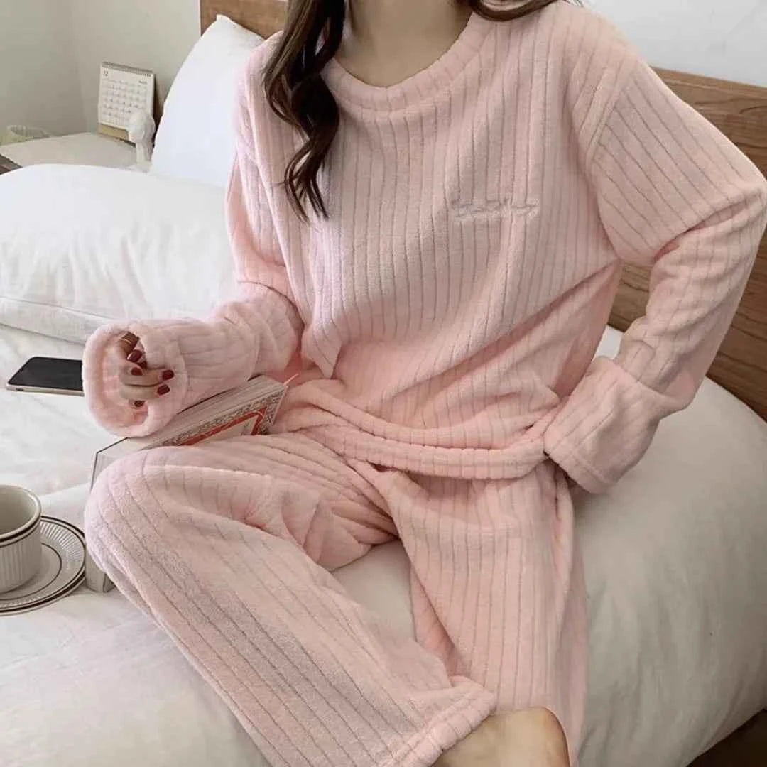 Women Coral Fleece Pajamas Set Winter Flannel Homewear Outfit Loungewear Sleepwear Cozy Warm House Dress Casual Wear