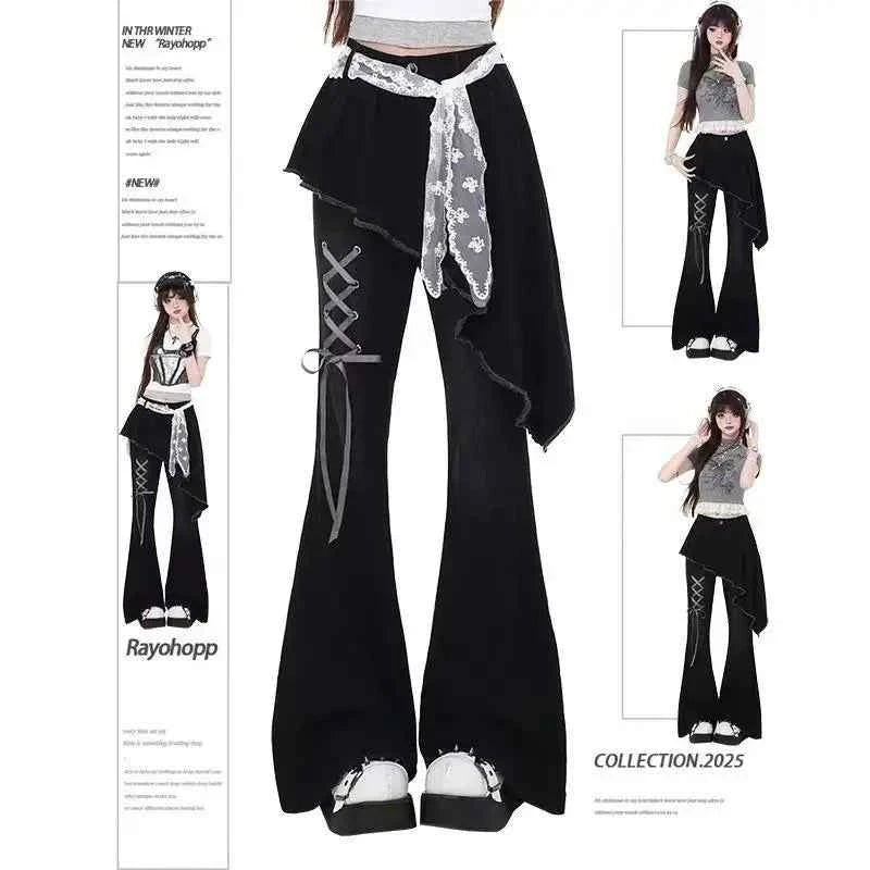 Vintage Slim Micro-flare Jeans Women Ins Fashionable Splicing Belt Edge Y2K Pants High Waist Straight American Street Trousers