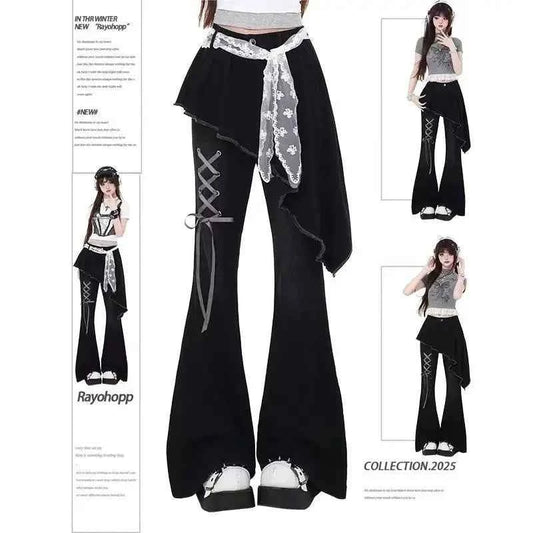 Vintage Slim Micro-flare Jeans Women Ins Fashionable Splicing Belt Edge Y2K Pants High Waist Straight American Street Trousers
