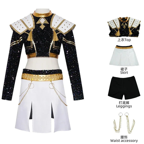 Kids Rumi Zoey Mira Cosplay KPop Demon Hunters Costume Women Girls Black Golden Suit Saja Boys Halloween Role Playing Outfits