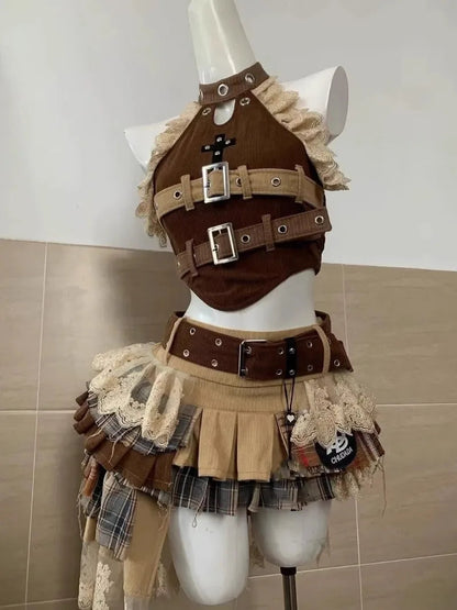 Sweet and Cool Maillard Retro Old Spice Girl Style Splicing Lace Denim Neck Top Irregular Short Skirt Two-piece Set for Women SS69