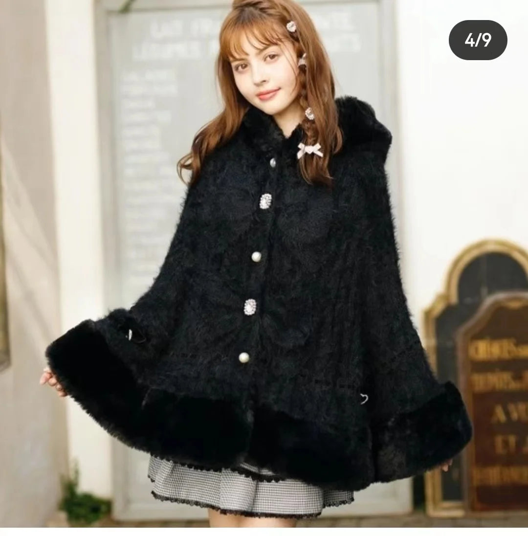 Godivana Lolita Faux Fur Cape Coat with Bow & Rhinestones