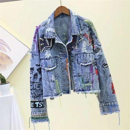 Spring Autumn Rivet Beaded Line Tassel Letter Graffiti Print Women Denim Jacket 2026 Casual Hole Denim Jacket Veste Femme