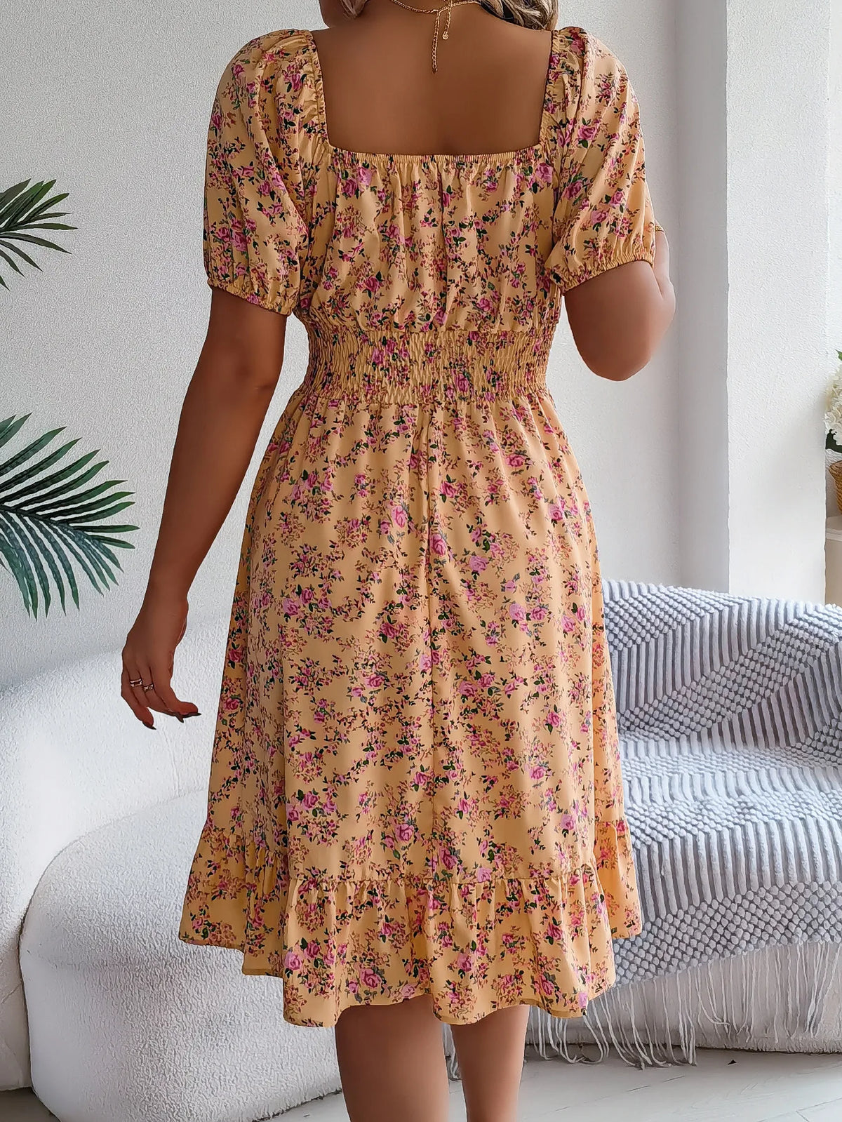 Summer Women's Beach Dress Floral 3D Print Square Neck Short-Sleeved Ladies Waist Ruffled A-Line Dress For Women Holiday Dresses