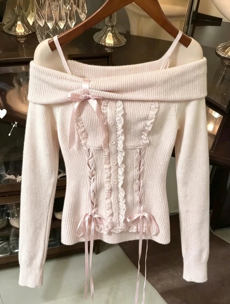 Winter Sweet Kawaii Patchwork Sweater Women Japanese Fashion Vintage Hot Girl Knitted Tops Y2k Elegant Cute Bow Pullover New