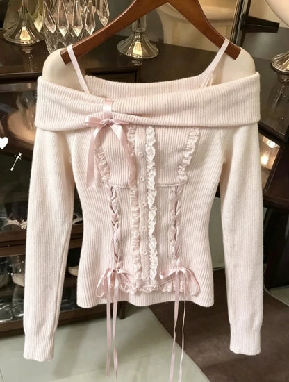 Winter Sweet Kawaii Patchwork Sweater Women Japanese Fashion Vintage Hot Girl Knitted Tops Y2k Elegant Cute Bow Pullover New