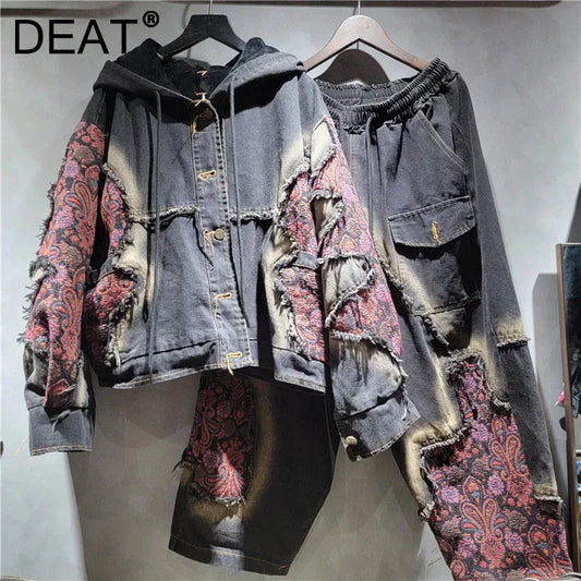 DEAT Women's Patchwork Denim Hooded Jacket and High Waist Wide Leg Pants Set