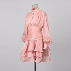 TWOTWINSTYLE Solid Spliced Ruffles Dress Female Stand Collar Long Sleeve Loose French Elegant Women's Dresses Autumn Fashion New