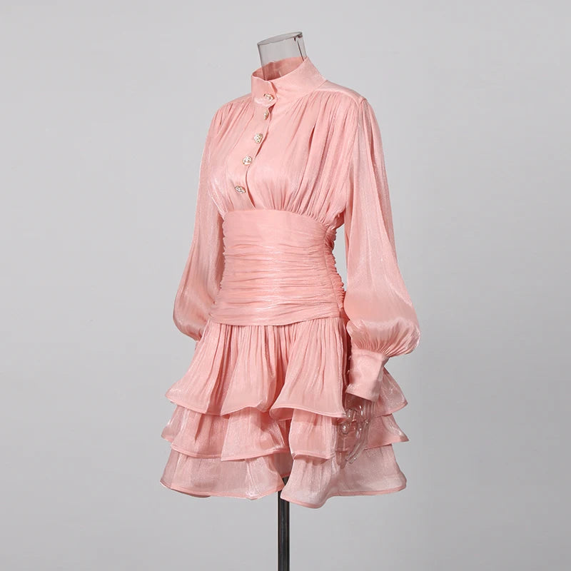 TWOTWINSTYLE Solid Spliced Ruffles Dress Female Stand Collar Long Sleeve Loose French Elegant Women's Dresses Autumn Fashion New