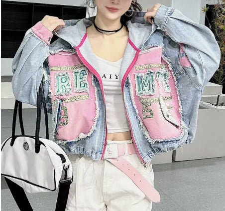 Womens Spring New 2026 Splicing Hooded Retro Denim Jacket Fashion Short Loose Versatile Zipper Long Sleeve Street Jackets