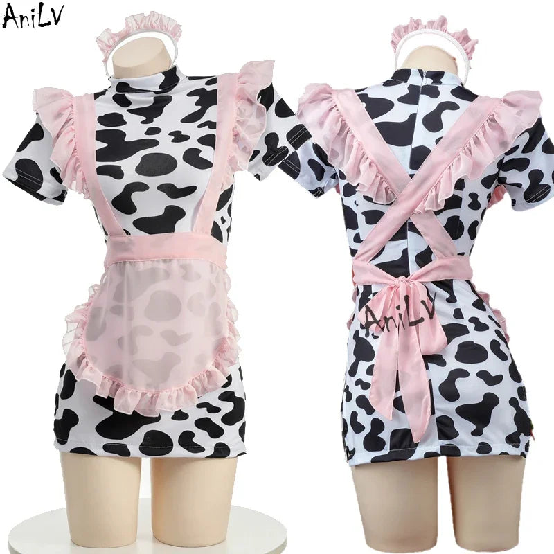 AniLV Cow Print Bikini Set with Maid Apron