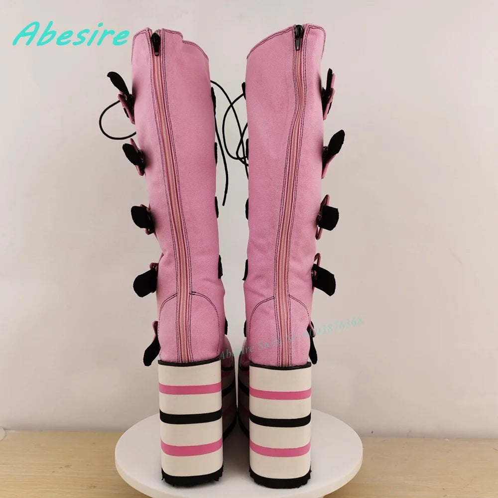 Star-Shaped Belt Buckle Knee High Boots Round Toe Platform Mixed Colors Women's Boots Cute Punk Zipper Patchwork Wedges Shoes