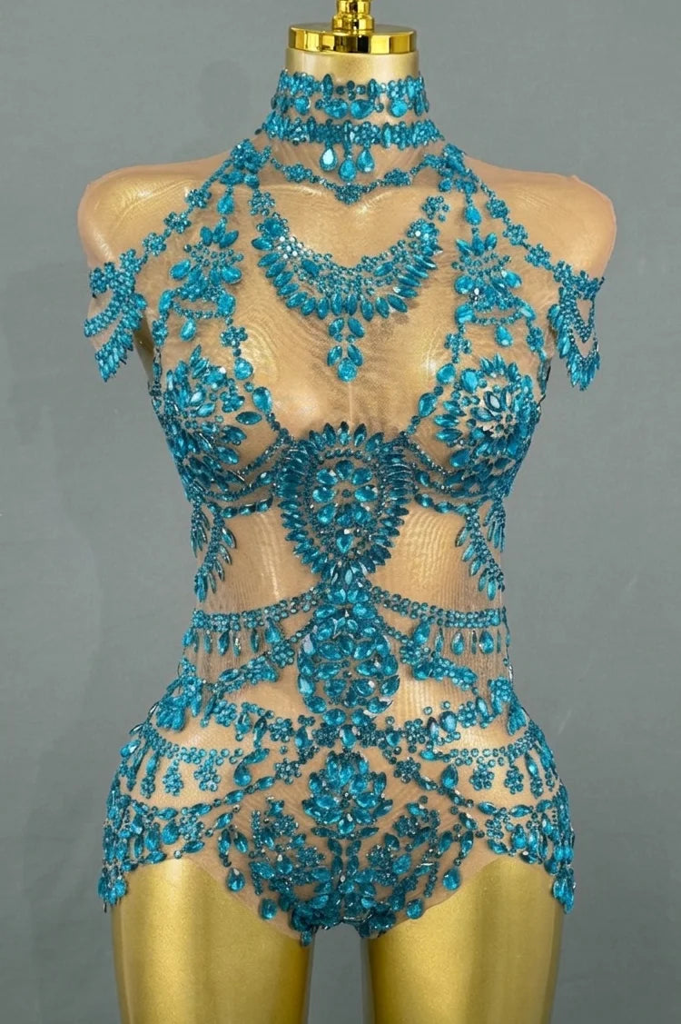 Sparkly Rhinestone Mesh Bodysuit for Women - Transparent Dance Leotard