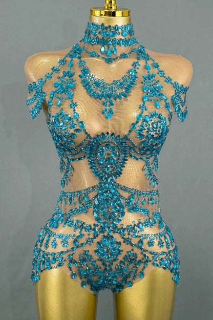 Sparkly Rhinestones Bodysuit Women Sexy Mesh Transparent Party Leotard Performance Dance Costume Singer Dancer Show Stage Wear