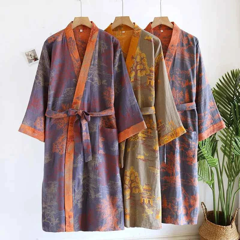 Cotton-colored Woven Jacquard Kimono Robes with Belt Loose Men's Long Sleeve Large Size Yukata Sweat-steamed Clothes