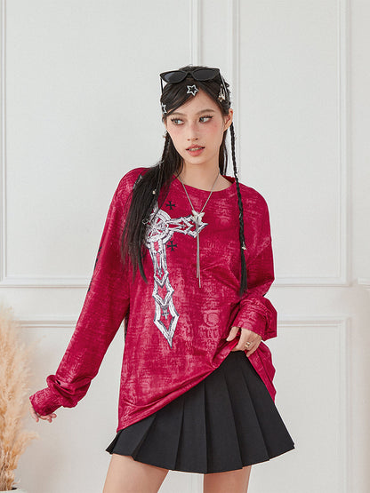 Women s Vintage Graphic Tops Gothic Long Sleeve Round Neck Loose T-Shirts Streetwear Grunge Tops SS69