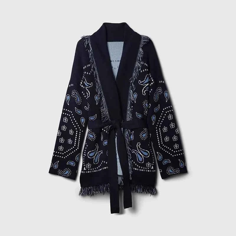 Vintage Tassels Print Women's Print Cardigan V-Neck Lace Up Full Sleeve Spliced Sweaters 2025 Autumn Lady All-match Kintwears