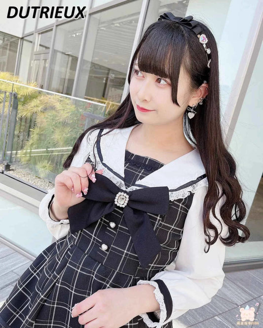 Japanese Style Women's Outfits Sailor Collar Plaid Rhinestone Bow Dress Shorts Set Sweet Lolita Mine Series Dress Two-Piece Suit