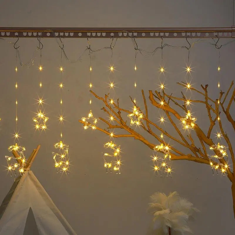 Christmas Curtain Lights LED String Lights with Tree Snowflake Star Deer Bell USB Remote 8 Modes Home Decor