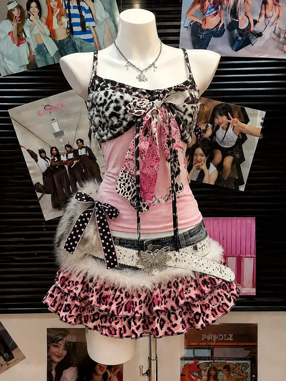 Punk Subculture 2 Piece Matching Suits Women Y2K Leopard Bow Cami Top Ruffle Denim Skirt Retro Harajuku Daily Outfits