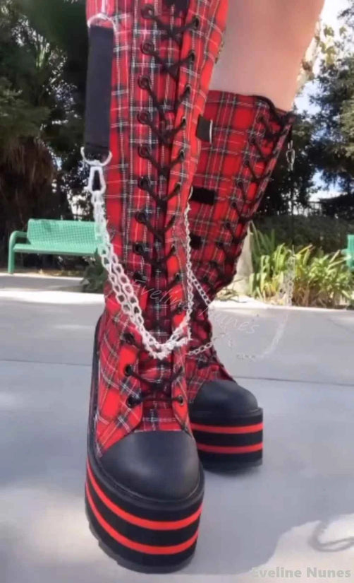 Canvas Check Platform Knee-high Boots Women Metal Chain Round Toe Wedges Cross Tied Lolita Heighten Shoes 2025 Lovely Sexy Boots