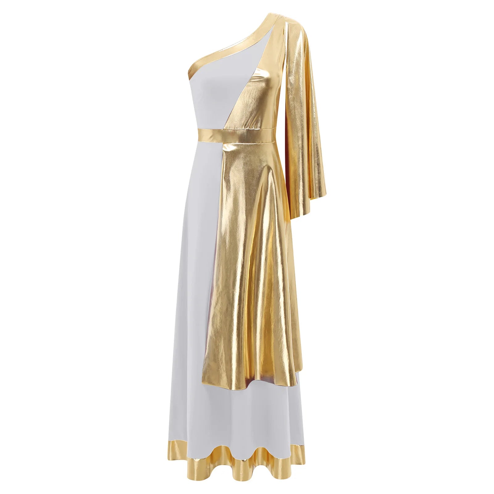 One-Shoulder Greek Goddess Tunic Dress with Metallic Drape