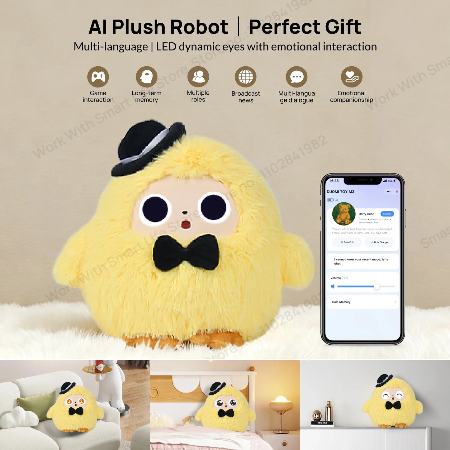 Cute Yoyo: AI Plush Robot Smart Interactive Toy w/LED Eyes&Voice Control, USB Rechargeable Companion for Kids Gifts/Smart Home