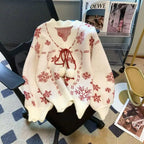 Women's V-Neck Snowflake Knit Sweater - Red/Black