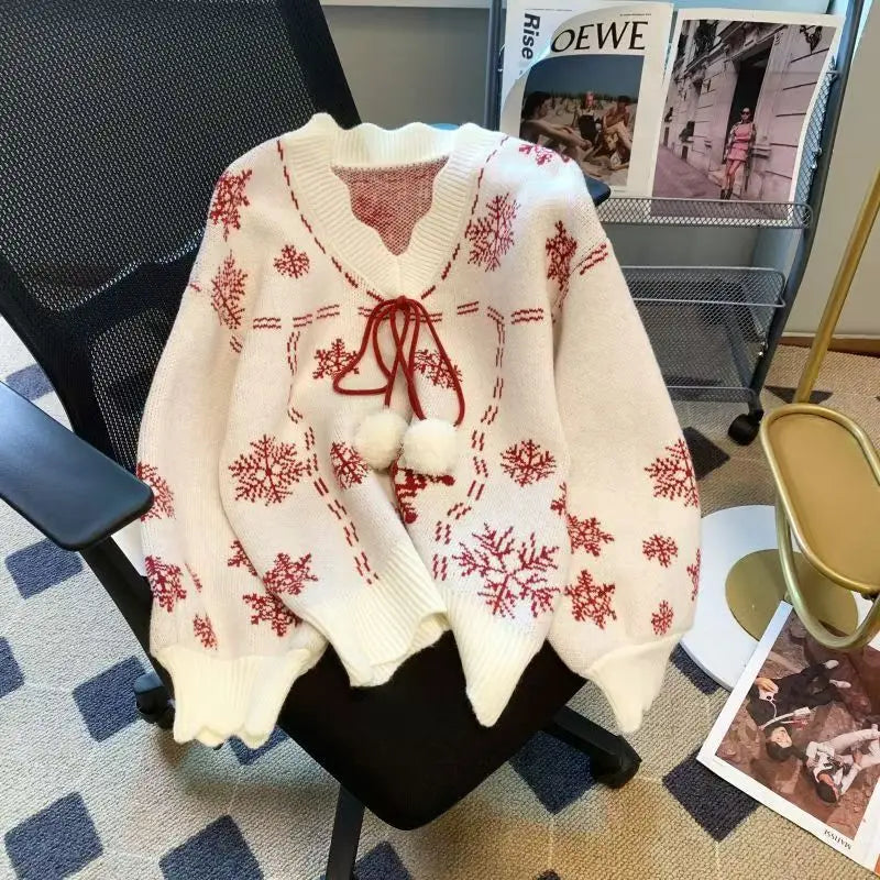 Women's V-Neck Snowflake Knit Sweater - Red/Black
