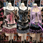Punk Subculture 2 Piece Matching Suits Women Y2K Leopard Bow Cami Top Ruffle Denim Skirt Retro Harajuku Daily Outfits