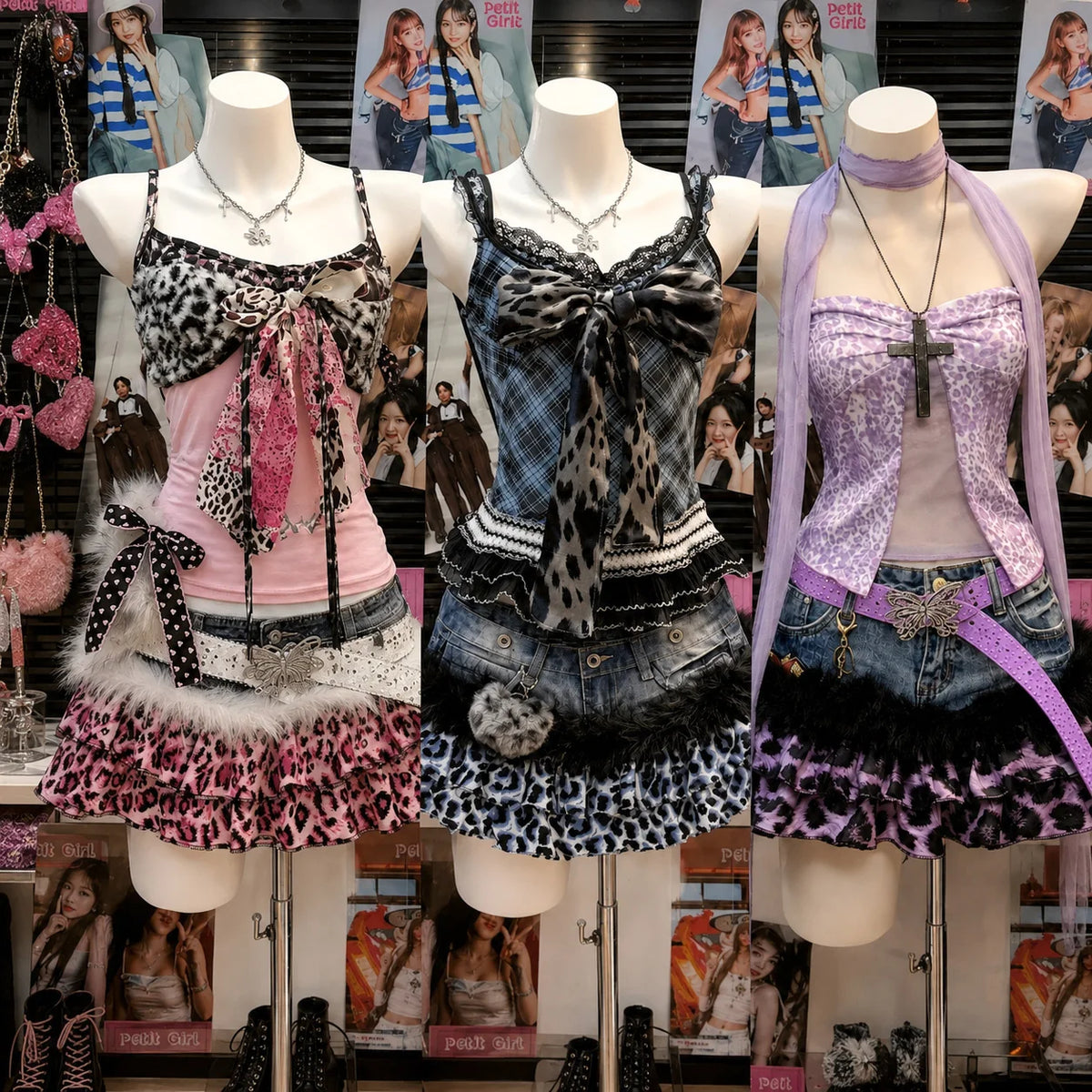 Punk Subculture 2 Piece Matching Suits Women Y2K Leopard Bow Cami Top Ruffle Denim Skirt Retro Harajuku Daily Outfits