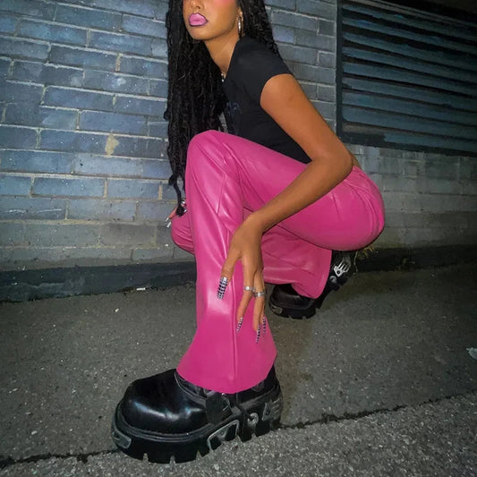 Sexy Low Waist PU Leather Flare Pants Women Vintage Disco Pink Bell-bottom Pants Ladies High Street Black Trousers Clubwear New SS69