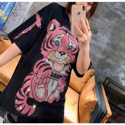 Diamond Stamping Tiger Letter Design Plus Size Women's T-shirt Street Personality Y2K Fashion Plus Size Tops Summer New T-shirts SS69