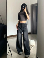 Korean Vintage High Waist Women's Jeans Y2K Slimming Pear-Shaped Loose Straight Bell Bottoms Black Gray Baggy Denim Trousers SS69
