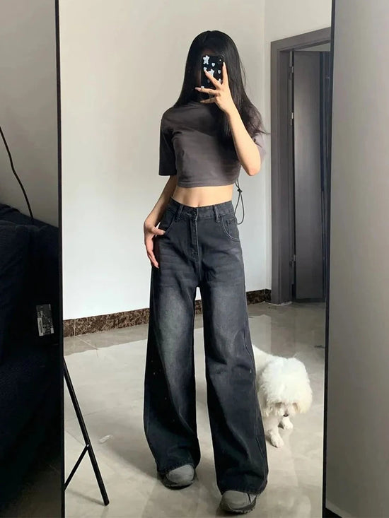 Korean Vintage High Waist Women's Jeans Y2K Slimming Pear-Shaped Loose Straight Bell Bottoms Black Gray Baggy Denim Trousers SS69