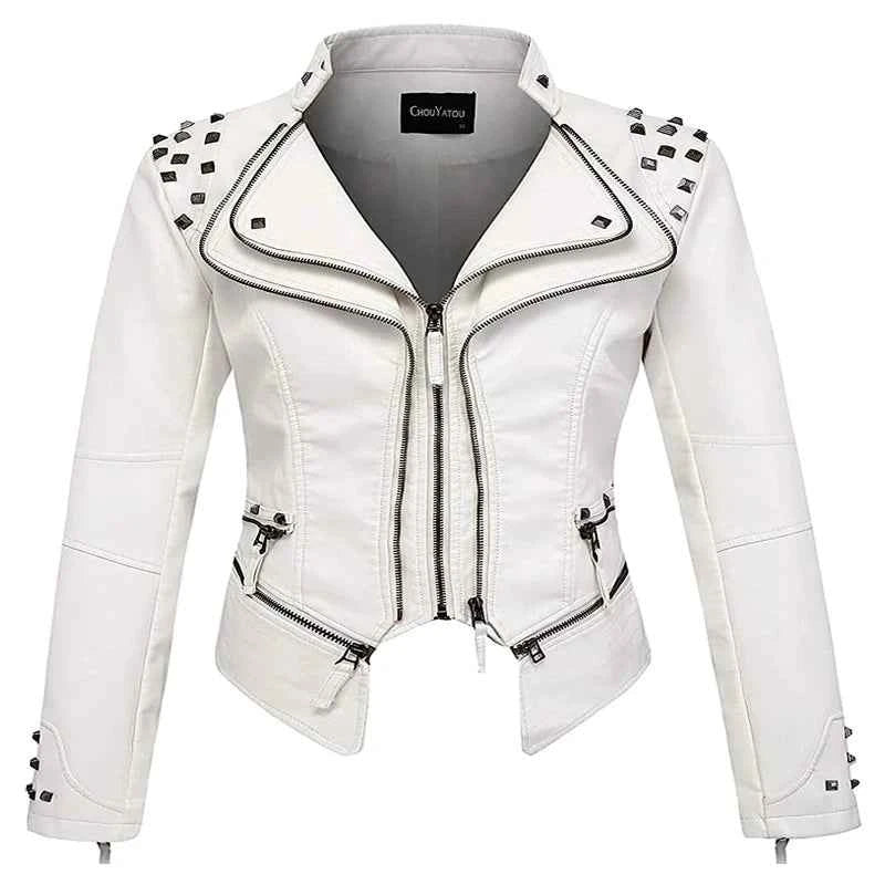 2025 Spring New Style Suit Collar Rivet Waist Short Washed Pu Leather Jacket