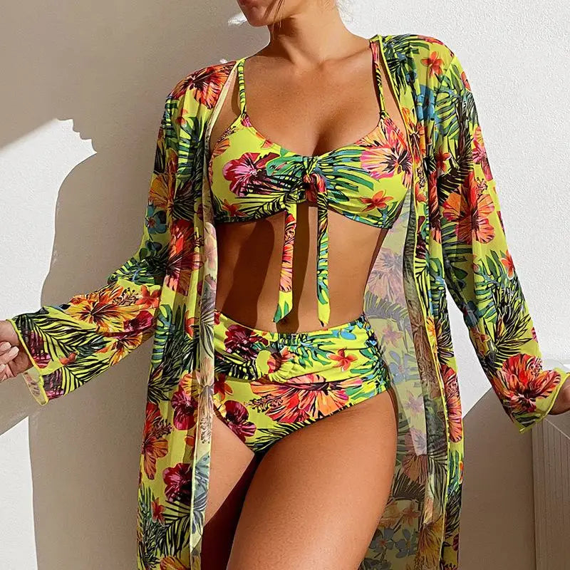 Size S-3XL Bikini Three Pieces Floral Printed Swimsuit Women Bikini Set With Mesh Long-Sleeved Blouse,Bra Top with Pad Swimwear SS69 32.69 yellow / L