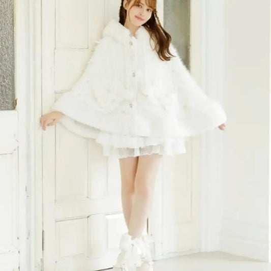 Godivana Lolita Faux Rabbit Fur Cape, Hooded Batwing Sleeve Winter Jacket
