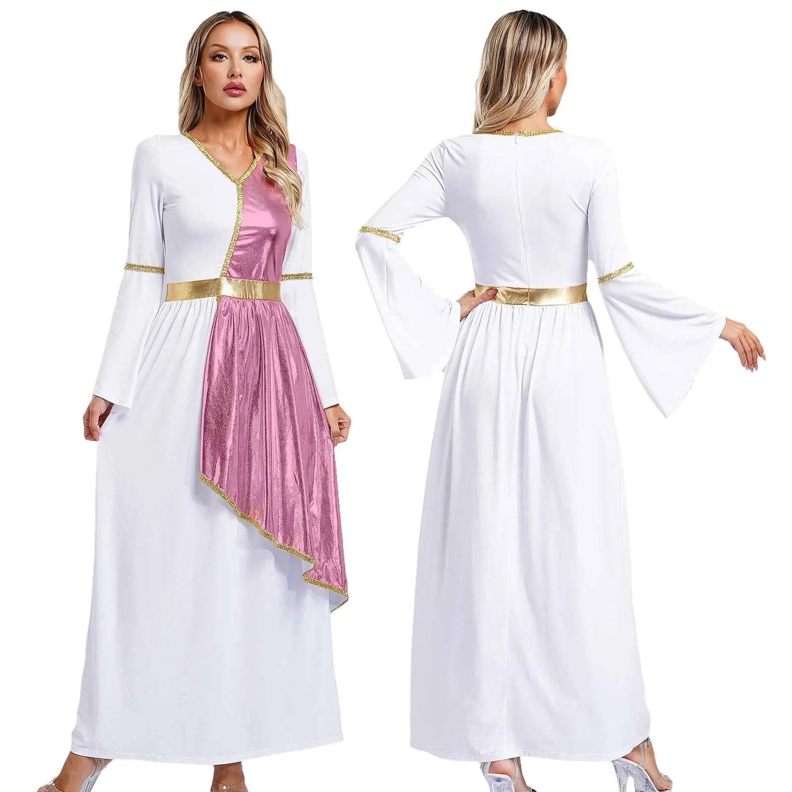 Woman's Greek Aphrodite Nymph Halloween Cosplay Costume Shiny Bell Long Sleeve Maxi Robe Dress Church Choir Prayer Gown