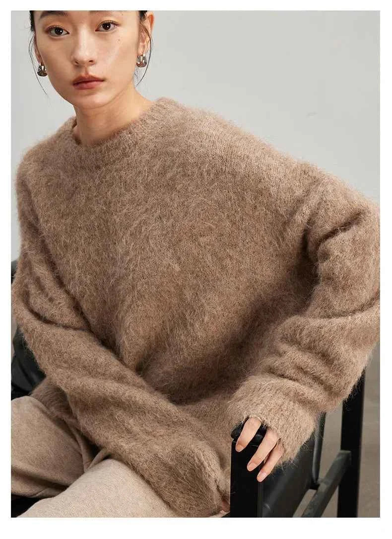 Warm Alpaca Pullovers for Woman, Dropped Sleeved Loose Sweaters, 2025 Fall Winter Top, Camel, Beige