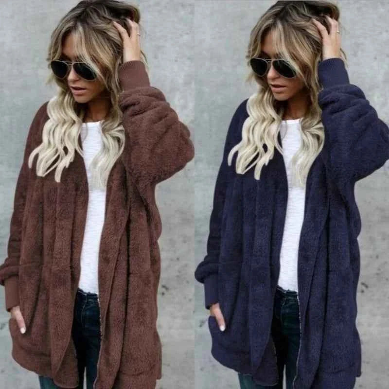 12 Colors Fleece Sweatshirt Long Cardigans Autumn Winter Female Long Sleeve Double Side Wear Flurry Loose Hoodie Coats Outwear