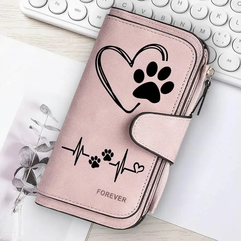 ZeAiLi Long PU Leather Clutch Wallet with Animal Paw and Butterfly Print